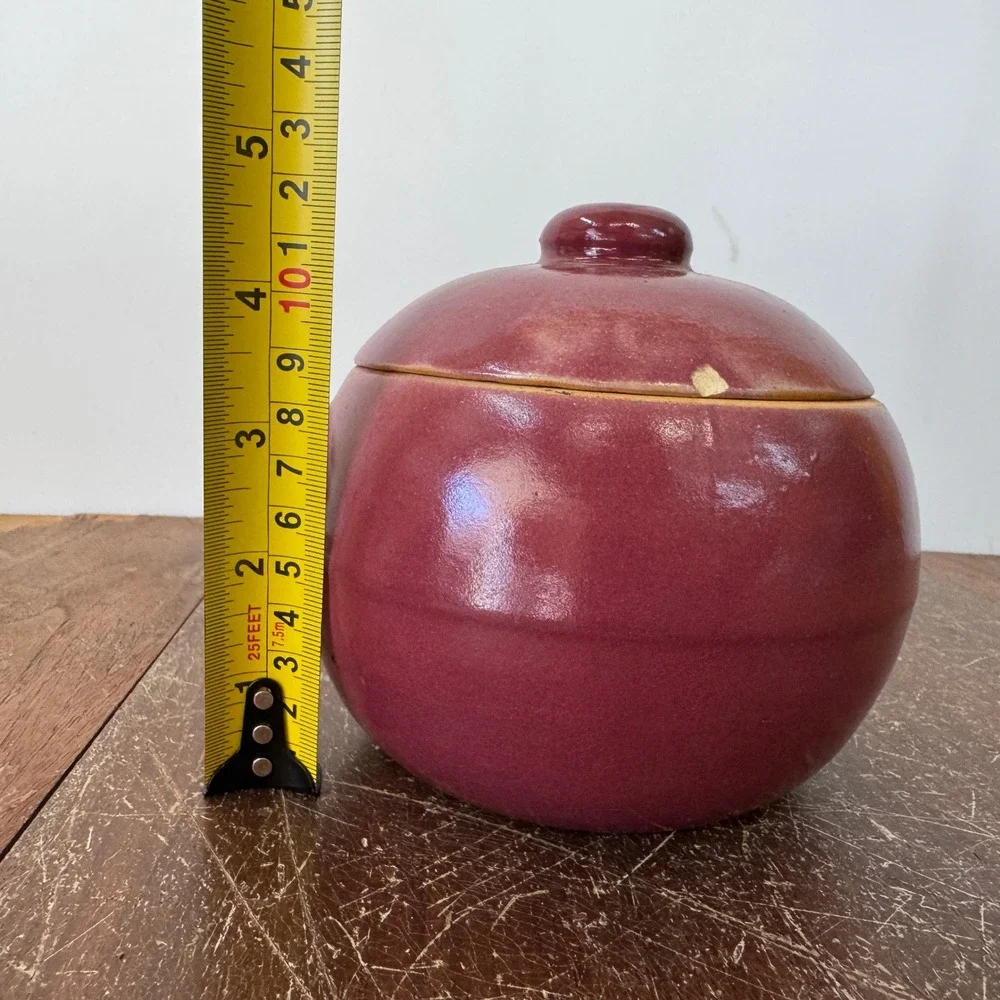 Uhl Pottery Co. Crock Stoneware Grease Drip‎ Burgundy Glaze Ceramic Lid Vintage